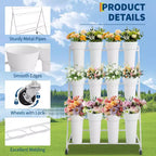 Espositore per Fiori, Carrello Porta Fiori a 3 Livelli con 12 Secchi Rotondi e Ruote, Espositore Mobile per Fiori per Giardino, Matrimoni, Fiorai
