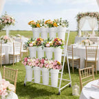 Espositore per Fiori, Carrello Porta Fiori a 3 Livelli con 12 Secchi Rotondi e Ruote, Espositore Mobile per Fiori per Giardino, Matrimoni, Fiorai