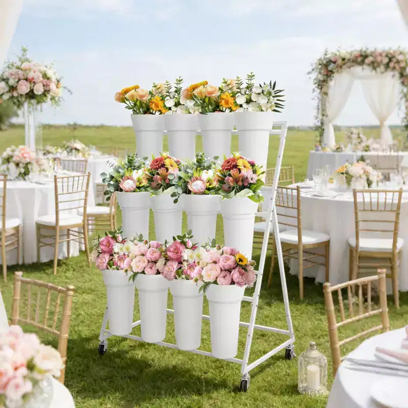 Espositore per Fiori, Carrello Porta Fiori a 3 Livelli con 12 Secchi Rotondi e Ruote, Espositore Mobile per Fiori per Giardino, Matrimoni, Fiorai