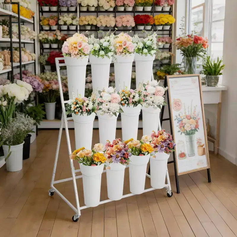Espositore per Fiori, Carrello Porta Fiori a 3 Livelli con 12 Secchi Rotondi e Ruote, Espositore Mobile per Fiori per Giardino, Matrimoni, Fiorai