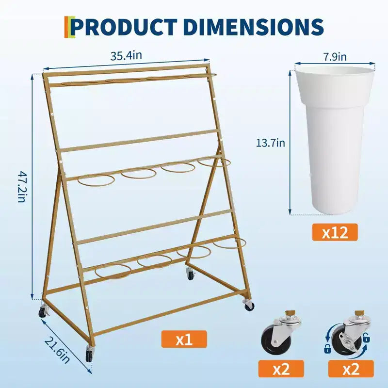 Espositore per Fiori, Carrello Porta Fiori a 3 Livelli con 12 Secchi Rotondi e Ruote, Espositore Mobile per Fiori per Giardino, Matrimoni, Fiorai