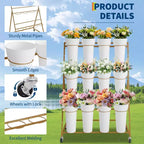 Espositore per Fiori, Carrello Porta Fiori a 3 Livelli con 12 Secchi Rotondi e Ruote, Espositore Mobile per Fiori per Giardino, Matrimoni, Fiorai