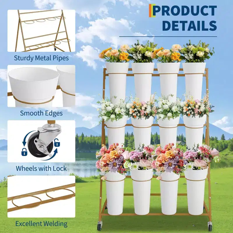 Espositore per Fiori, Carrello Porta Fiori a 3 Livelli con 12 Secchi Rotondi e Ruote, Espositore Mobile per Fiori per Giardino, Matrimoni, Fiorai