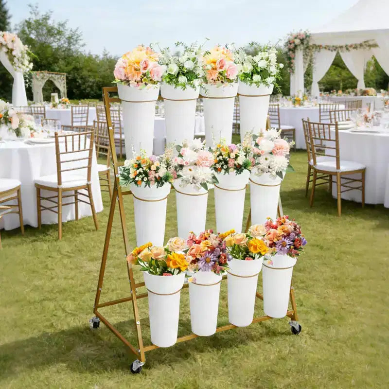 Espositore per Fiori, Carrello Porta Fiori a 3 Livelli con 12 Secchi Rotondi e Ruote, Espositore Mobile per Fiori per Giardino, Matrimoni, Fiorai