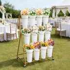 Espositore per Fiori, Carrello Porta Fiori a 3 Livelli con 12 Secchi Rotondi e Ruote, Espositore Mobile per Fiori per Giardino, Matrimoni, Fiorai