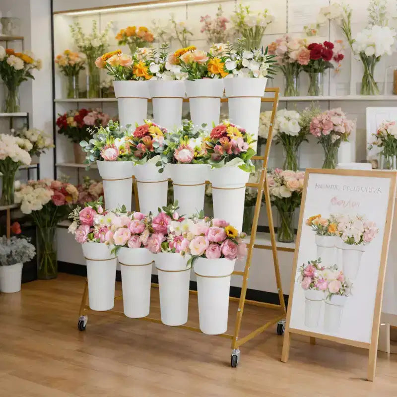 Espositore per Fiori, Carrello Porta Fiori a 3 Livelli con 12 Secchi Rotondi e Ruote, Espositore Mobile per Fiori per Giardino, Matrimoni, Fiorai
