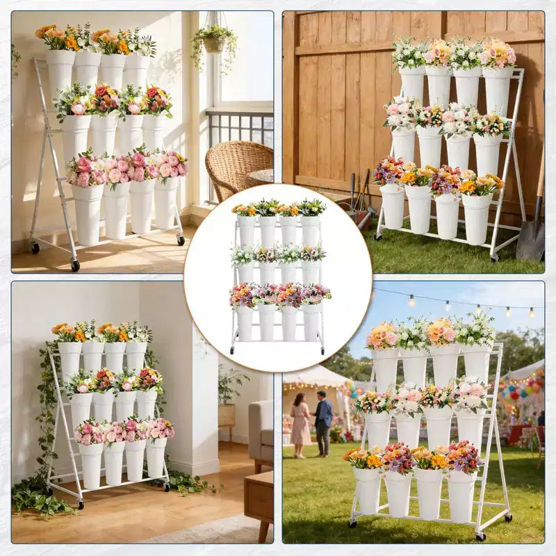 Espositore per Fiori, Carrello Porta Fiori a 3 Livelli con 12 Secchi Rotondi e Ruote, Espositore Mobile per Fiori per Giardino, Matrimoni, Fiorai