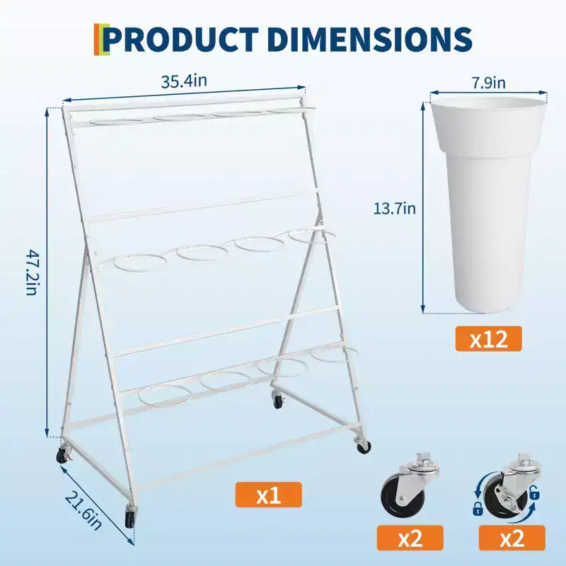 Espositore per Fiori, Carrello Porta Fiori a 3 Livelli con 12 Secchi Rotondi e Ruote, Espositore Mobile per Fiori per Giardino, Matrimoni, Fiorai