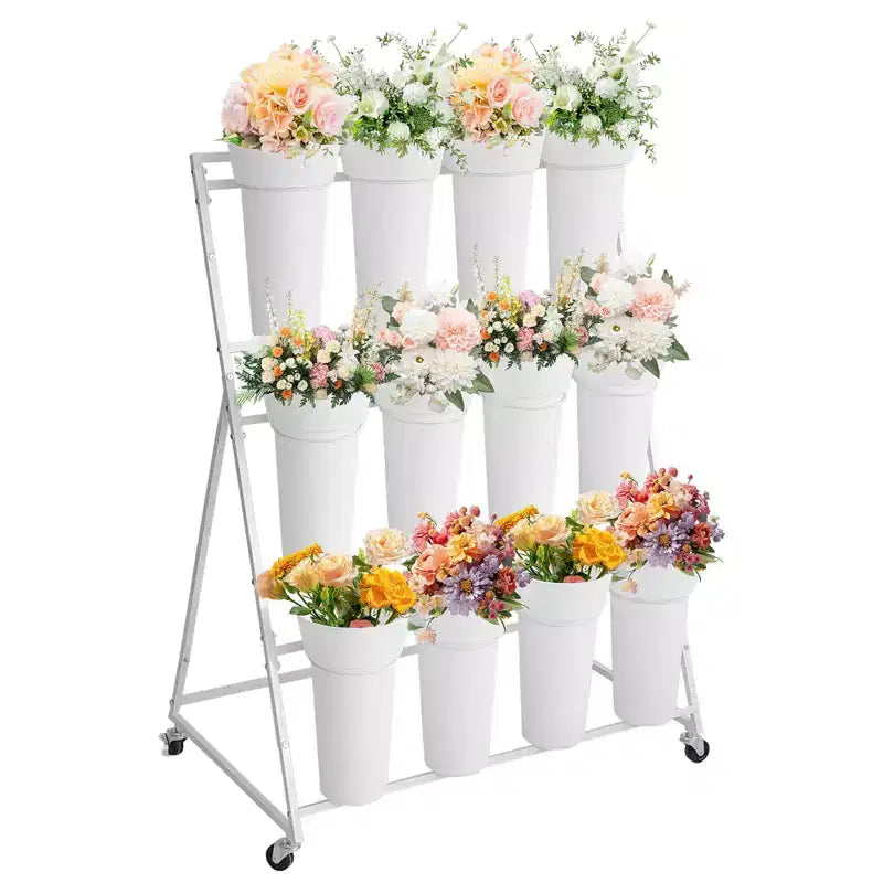 Espositore per Fiori, Carrello Porta Fiori a 3 Livelli con 12 Secchi Rotondi e Ruote, Espositore Mobile per Fiori per Giardino, Matrimoni, Fiorai
