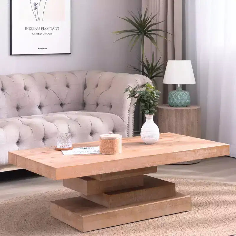 GDFStudio Halston Modern Rustic Rectangular Wood Coffee Table with Block Base