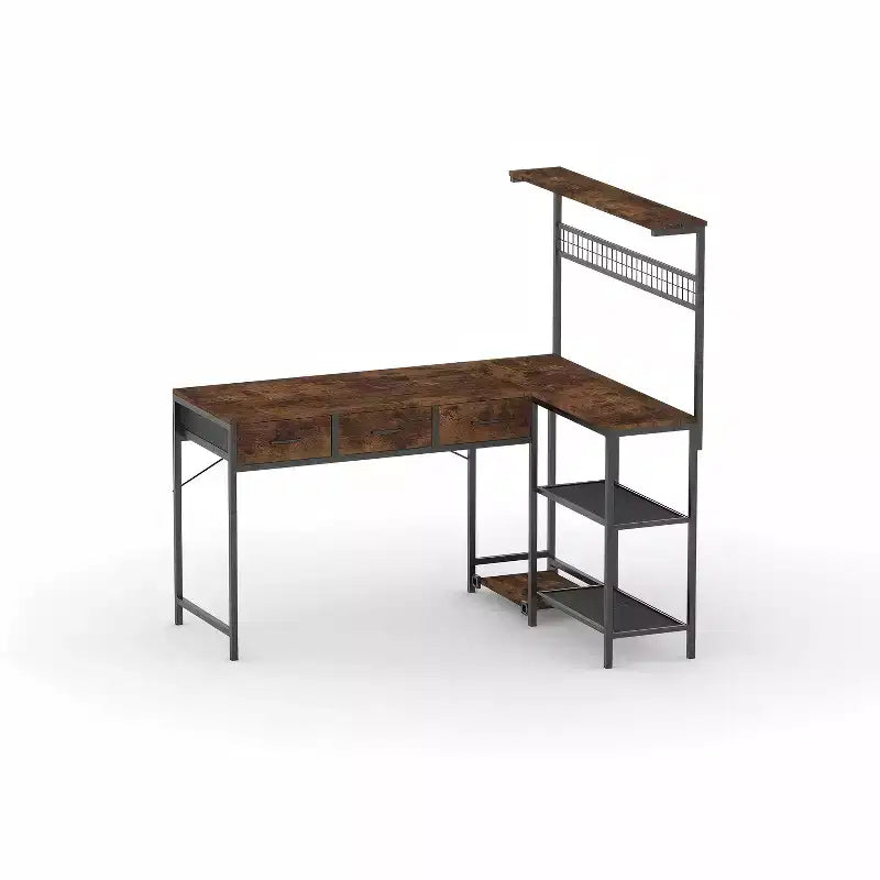 Scrivania per Computer, Scrivania da Gaming a L con 3 Cassetti e Ripiani Contenitori, Tavolo da Studio per Camera da Letto, Scrivania Semplice e Moderna per Laptop per Ufficio Domestico