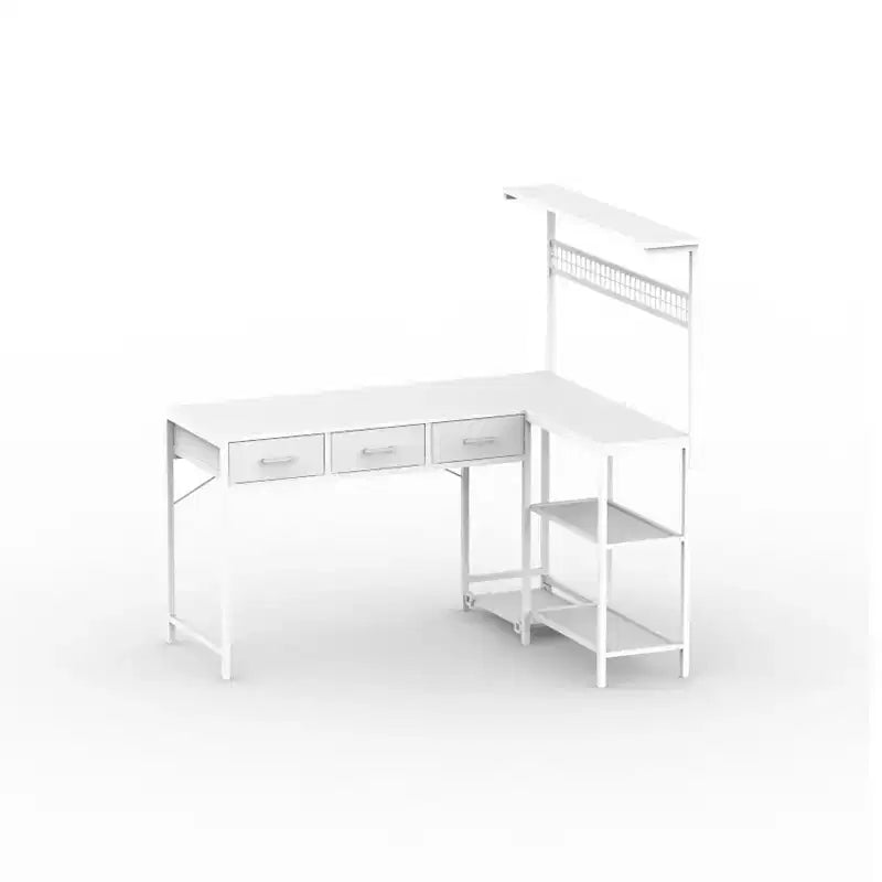 Scrivania per Computer, Scrivania da Gaming a L con 3 Cassetti e Ripiani Contenitori, Tavolo da Studio per Camera da Letto, Scrivania Semplice e Moderna per Laptop per Ufficio Domestico