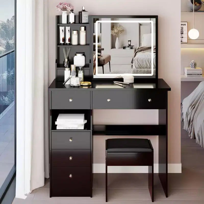 Toeletta da Trucco Naturale da 37 Pollici con Specchio e Luci, Organizzazione Integrata, Sgabello Abbinato per Camera da Letto, Illuminazione Dimmerabile