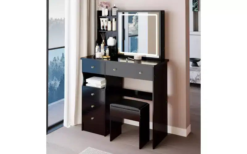 Toeletta da Trucco Naturale da 37 Pollici con Specchio e Luci, Organizzazione Integrata, Sgabello Abbinato per Camera da Letto, Illuminazione Dimmerabile