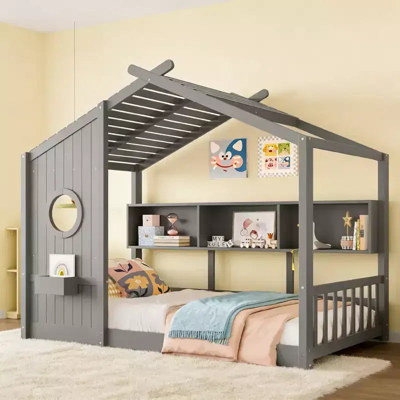 Struttura Letto a Casetta con Ripiani, Finestra e Tetto per la Stanza dei Bambini