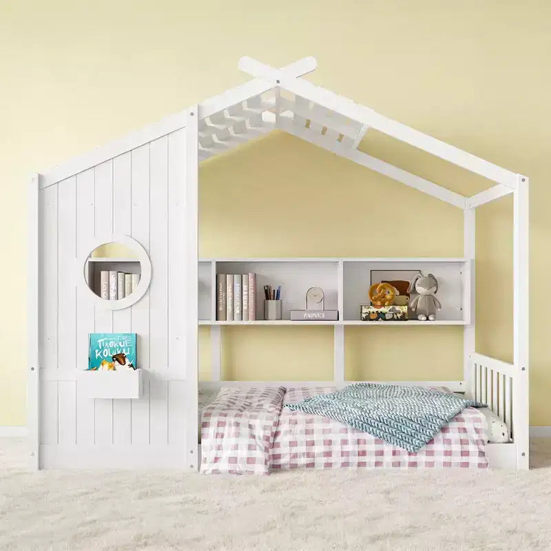 Struttura Letto a Casetta con Ripiani, Finestra e Tetto per la Stanza dei Bambini