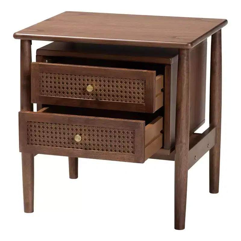 Comodino a 2 cassetti Alyssa Wood intrecciato con rattan marrone noce