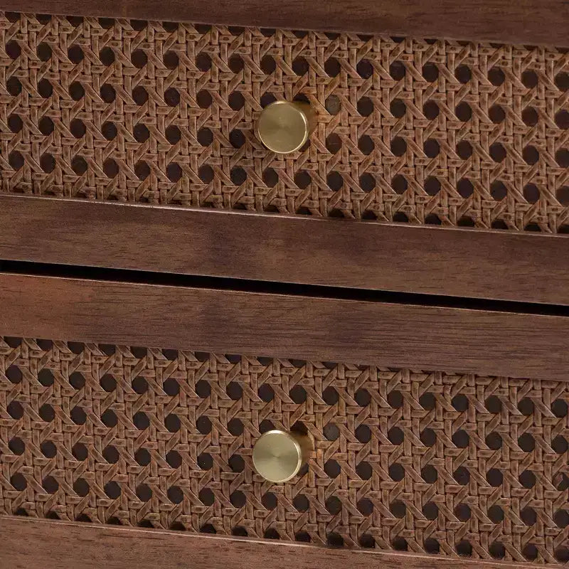 Comodino a 2 cassetti Alyssa Wood intrecciato con rattan marrone noce