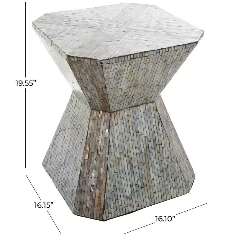 Tavolino d'appoggio clessidra geometrico in madreperla con motivo a mosaico lineare grigio: stile bohémien, nessun assemblaggio richiesto