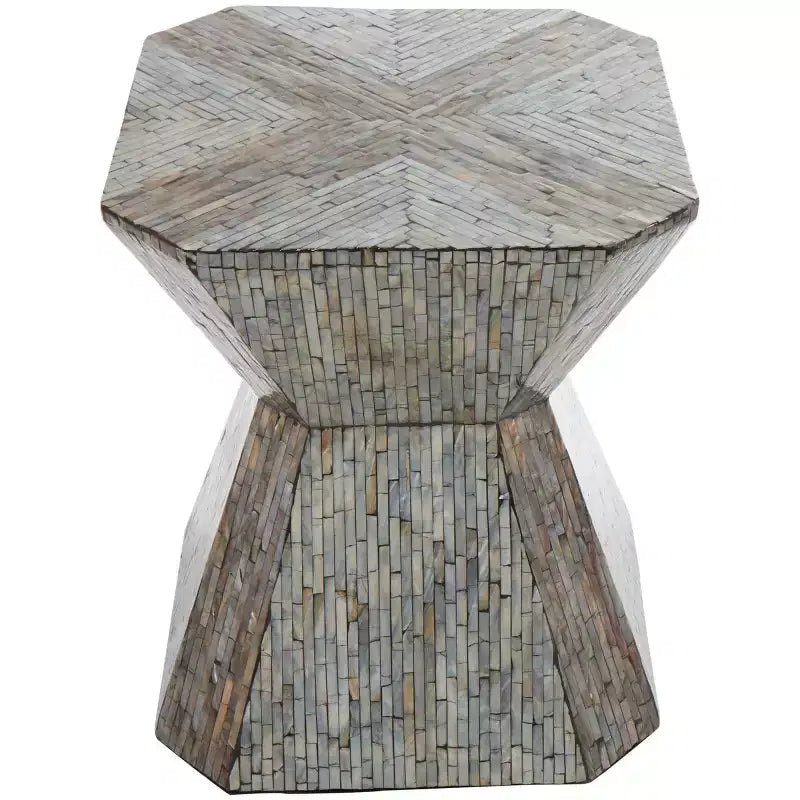 Tavolino d'appoggio clessidra geometrico in madreperla con motivo a mosaico lineare grigio: stile bohémien, nessun assemblaggio richiesto