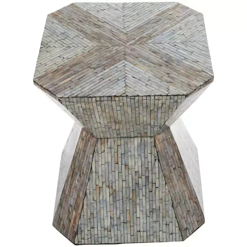 Tavolino d'appoggio clessidra geometrico in madreperla con motivo a mosaico lineare grigio: stile bohémien, nessun assemblaggio richiesto