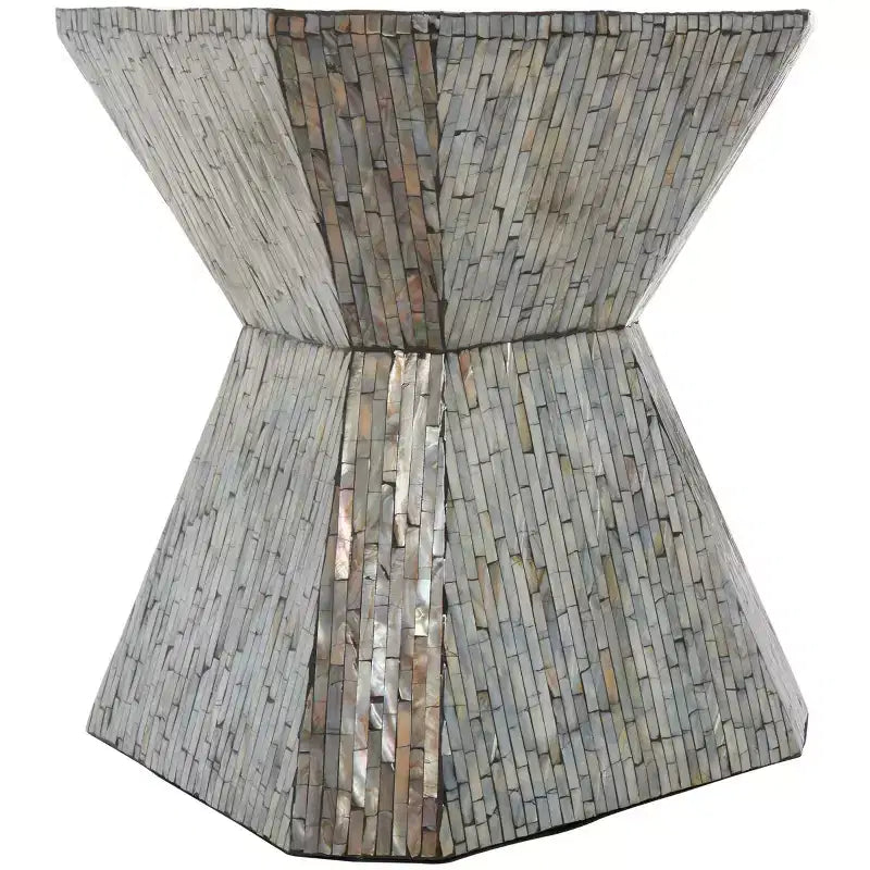 Tavolino d'appoggio clessidra geometrico in madreperla con motivo a mosaico lineare grigio: stile bohémien, nessun assemblaggio richiesto