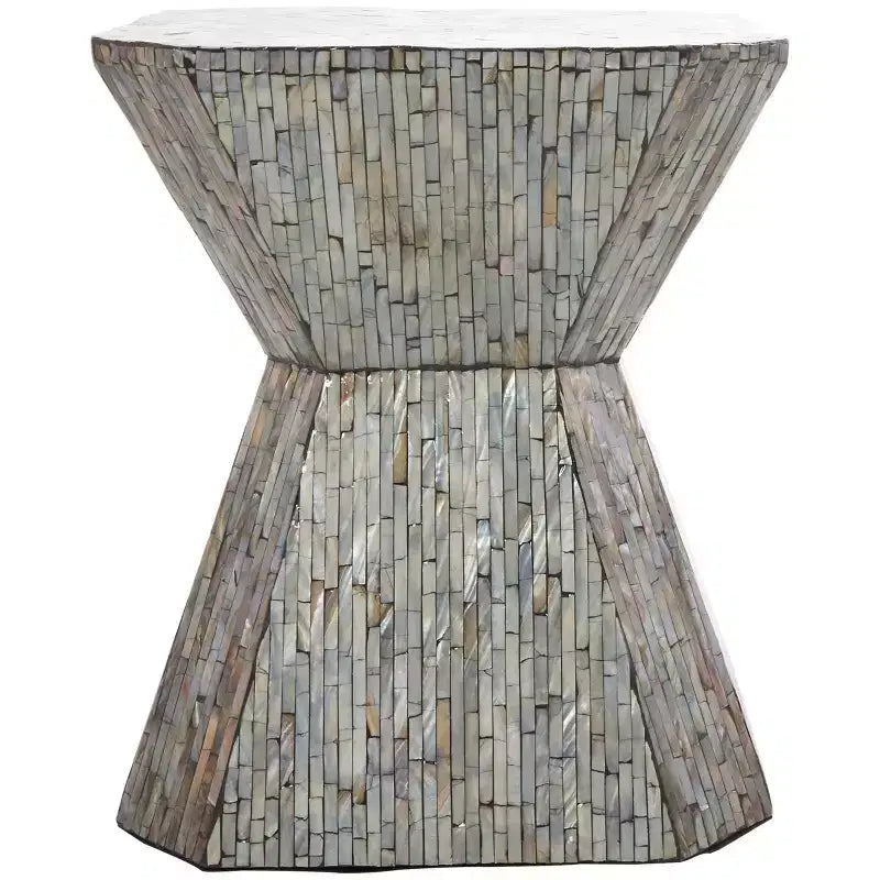 Tavolino d'appoggio clessidra geometrico in madreperla con motivo a mosaico lineare grigio: stile bohémien, nessun assemblaggio richiesto