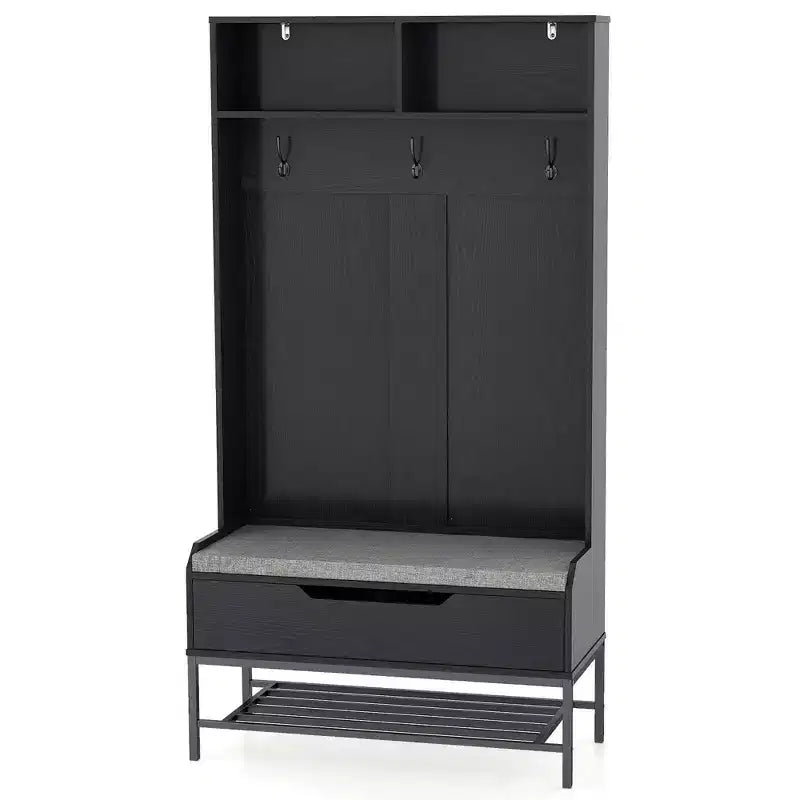 Costway 69 Mobile da Ingresso Alto con Cuscino, Scomparti Aperti, Ganci, Vano Contenitore Sollevabile, Bianco/Nero/Marrone Rustico