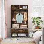 Costway 69 Mobile da Ingresso Alto con Cuscino, Scomparti Aperti, Ganci, Vano Contenitore Sollevabile, Bianco/Nero/Marrone Rustico