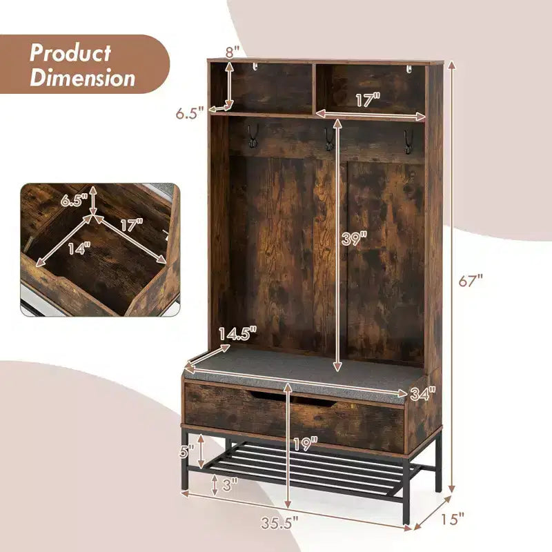 Costway 69 Mobile da Ingresso Alto con Cuscino, Scomparti Aperti, Ganci, Vano Contenitore Sollevabile, Bianco/Nero/Marrone Rustico