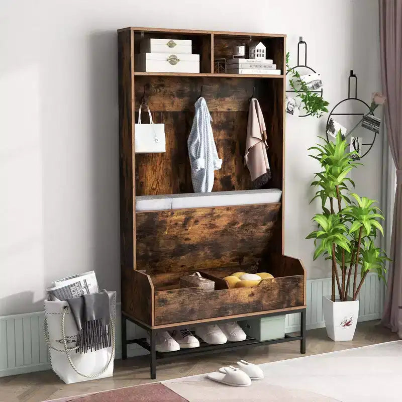Costway 69 Mobile da Ingresso Alto con Cuscino, Scomparti Aperti, Ganci, Vano Contenitore Sollevabile, Bianco/Nero/Marrone Rustico