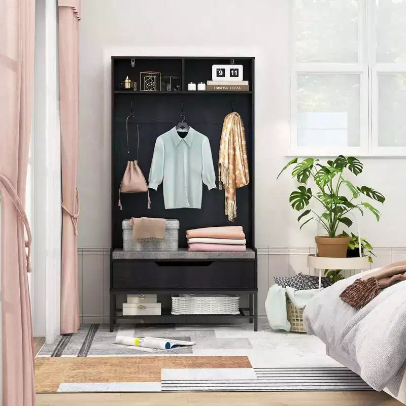 Costway 69 Mobile da Ingresso Alto con Cuscino, Scomparti Aperti, Ganci, Vano Contenitore Sollevabile, Bianco/Nero/Marrone Rustico