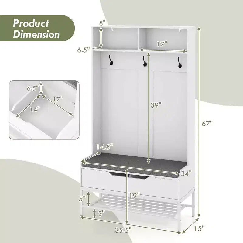 Costway 69 Mobile da Ingresso Alto con Cuscino, Scomparti Aperti, Ganci, Vano Contenitore Sollevabile, Bianco/Nero/Marrone Rustico