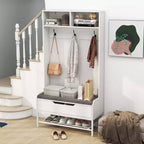 Costway 69 Mobile da Ingresso Alto con Cuscino, Scomparti Aperti, Ganci, Vano Contenitore Sollevabile, Bianco/Nero/Marrone Rustico