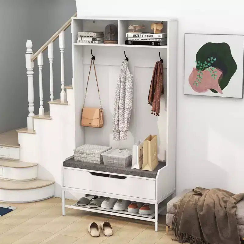 Costway 69 Mobile da Ingresso Alto con Cuscino, Scomparti Aperti, Ganci, Vano Contenitore Sollevabile, Bianco/Nero/Marrone Rustico