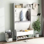 Costway 69 Mobile da Ingresso Alto con Cuscino, Scomparti Aperti, Ganci, Vano Contenitore Sollevabile, Bianco/Nero/Marrone Rustico