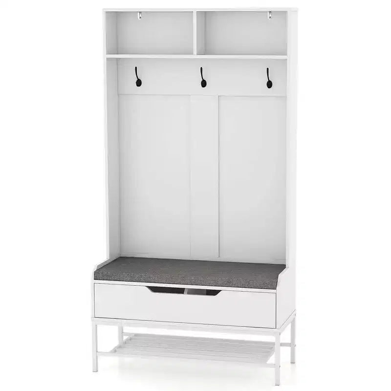 Costway 69 Mobile da Ingresso Alto con Cuscino, Scomparti Aperti, Ganci, Vano Contenitore Sollevabile, Bianco/Nero/Marrone Rustico