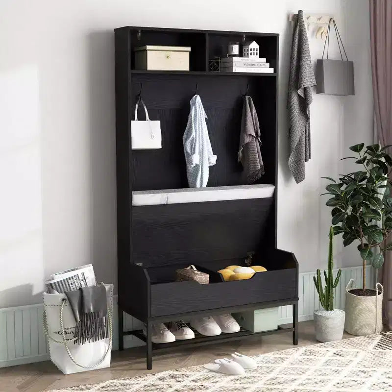 Costway 69 Mobile da Ingresso Alto con Cuscino, Scomparti Aperti, Ganci, Vano Contenitore Sollevabile, Bianco/Nero/Marrone Rustico