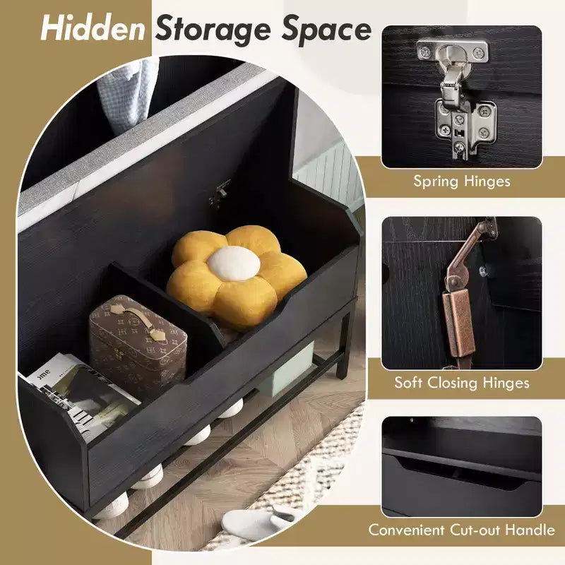 Costway 69 Mobile da Ingresso Alto con Cuscino, Scomparti Aperti, Ganci, Vano Contenitore Sollevabile, Bianco/Nero/Marrone Rustico