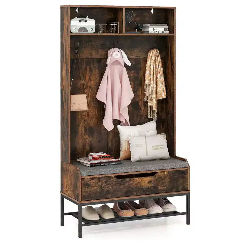 Costway 69 Mobile da Ingresso Alto con Cuscino, Scomparti Aperti, Ganci, Vano Contenitore Sollevabile, Bianco/Nero/Marrone Rustico