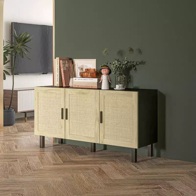 HOMCOM Credenza Buffet, Mobile da Cucina e Mobile Bar con 3 Ante in Rattan e Ripiani Regolabili