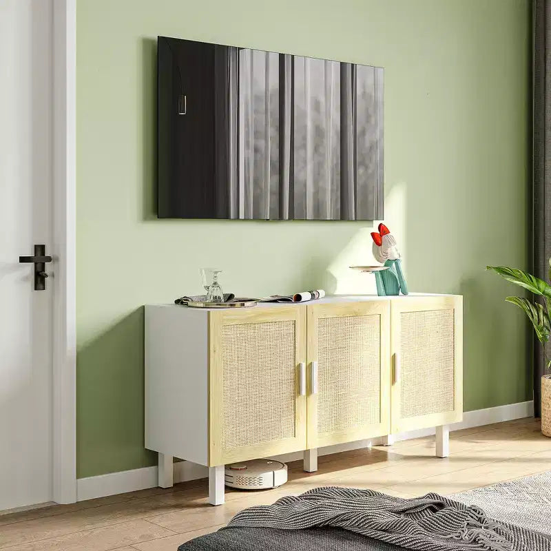 HOMCOM Credenza Buffet, Mobile da Cucina e Mobile Bar con 3 Ante in Rattan e Ripiani Regolabili