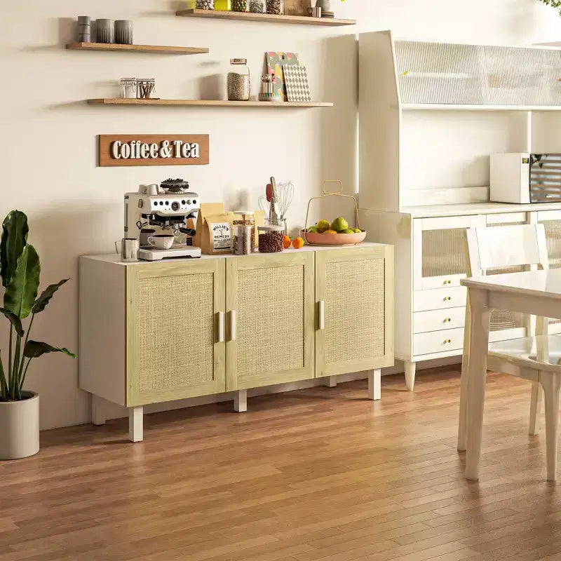 HOMCOM Credenza Buffet, Mobile da Cucina e Mobile Bar con 3 Ante in Rattan e Ripiani Regolabili