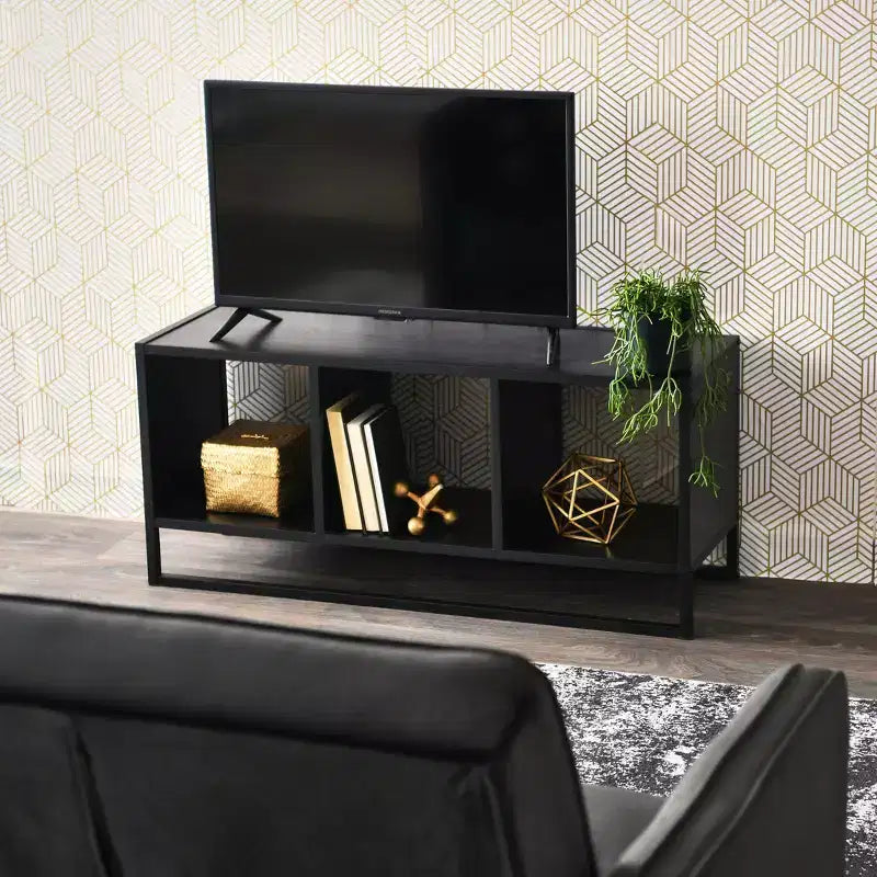 Mobile TV Jamestown Tavolino con Scomparti Quadrati a Cubo Colore Rovere Nero e Metallo Nero