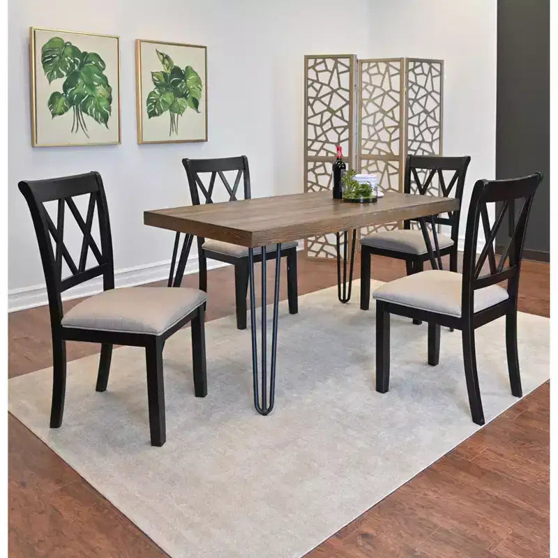 Set da pranzo Arroyo, tavolo da pranzo Hairpin con 4 sedie a croce, nero intenso, 5 pezzi