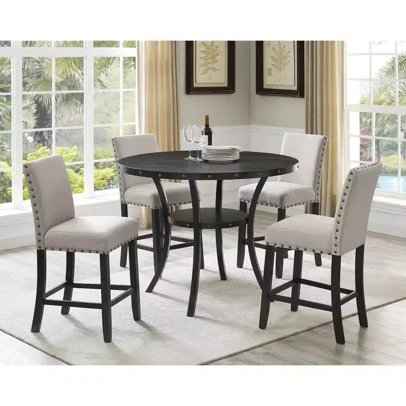 Biony Sgabelli in Tessuto Altezza Bancone con Rifiniture Borchiate, Marrone Chiaro, Set da 2